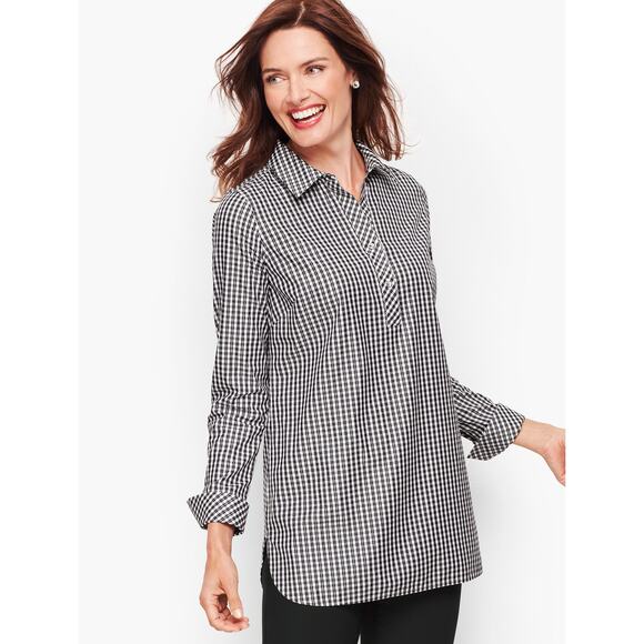 Talbots Non Iron Metallic‎ Perfect Popover Check Shirt Women Size 4 Black White - Picture 1 of 8